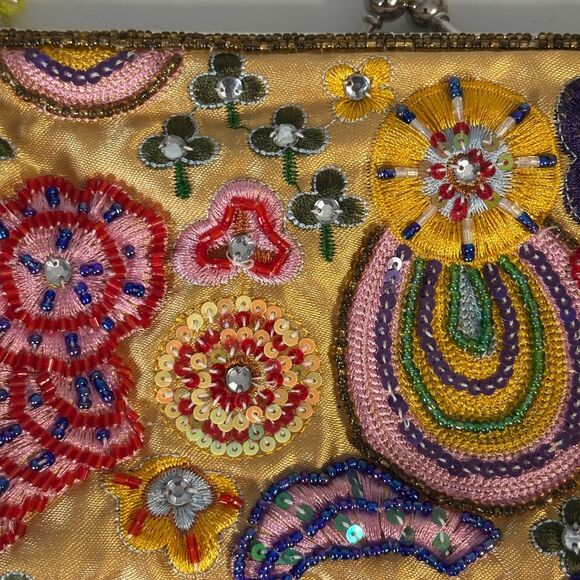 Vintage Beaded Embroidered Handbag Purse Fancy Party Elegant Yellow Floral - Picture 2 of 6